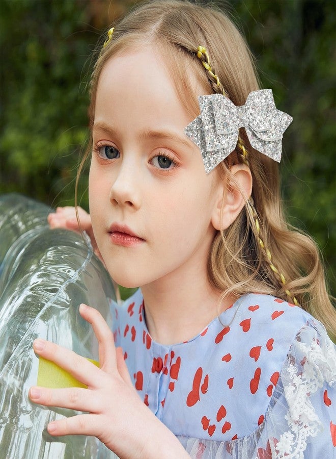 Styquenzer 2 Pcs Silver Hair Bow Clips, 5 Inch Glitter Hair Bows for Girls Sparkly Double Bowed Accessories Glitter Sequin Boutique Head Clip Delicate Satin Headwear for Birthday Wedding Party Back School Gift - Image 5